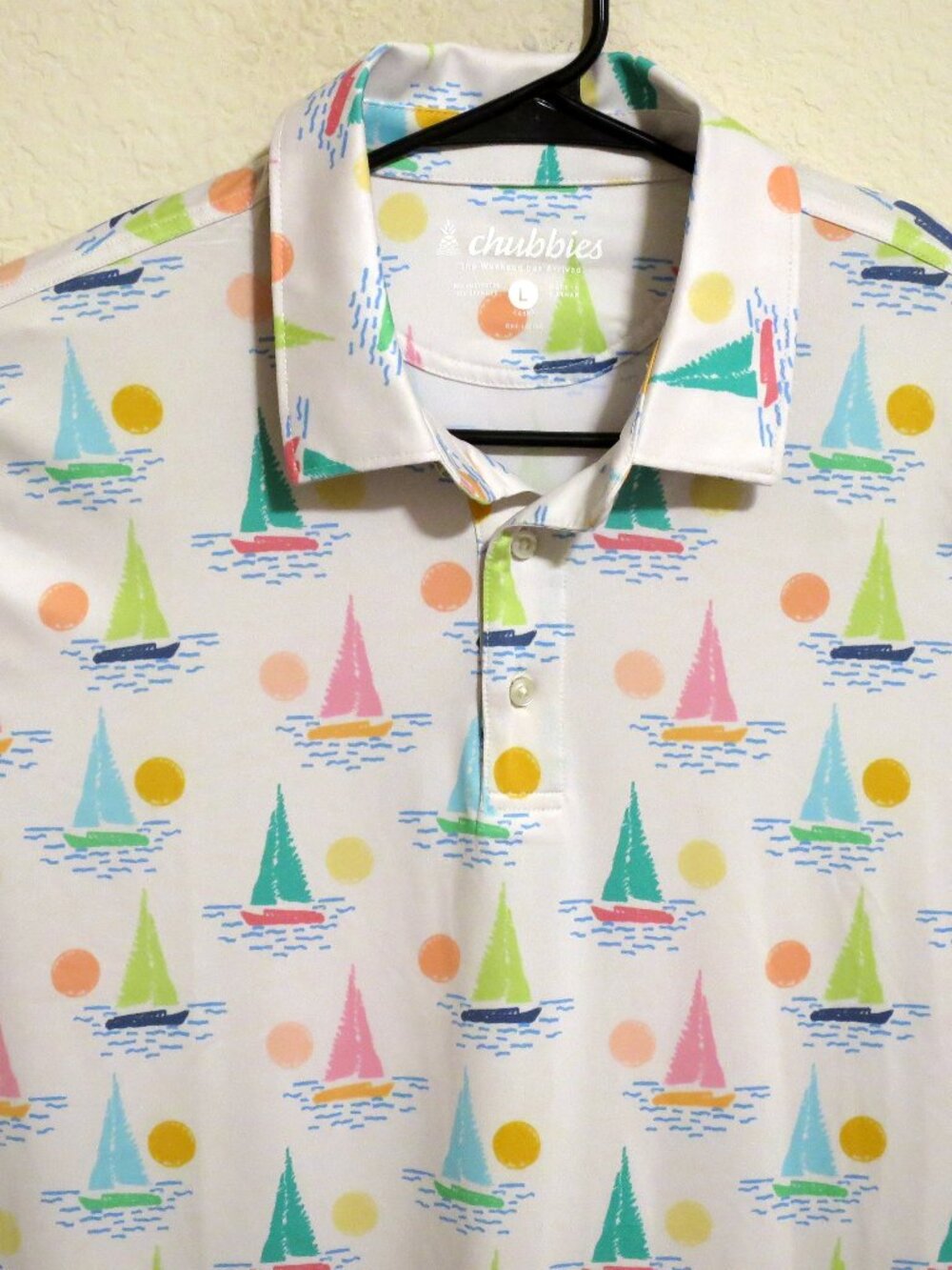 Chubbies Shirt Mens Large Short Sleeve Performance Polo White Green Sailboats